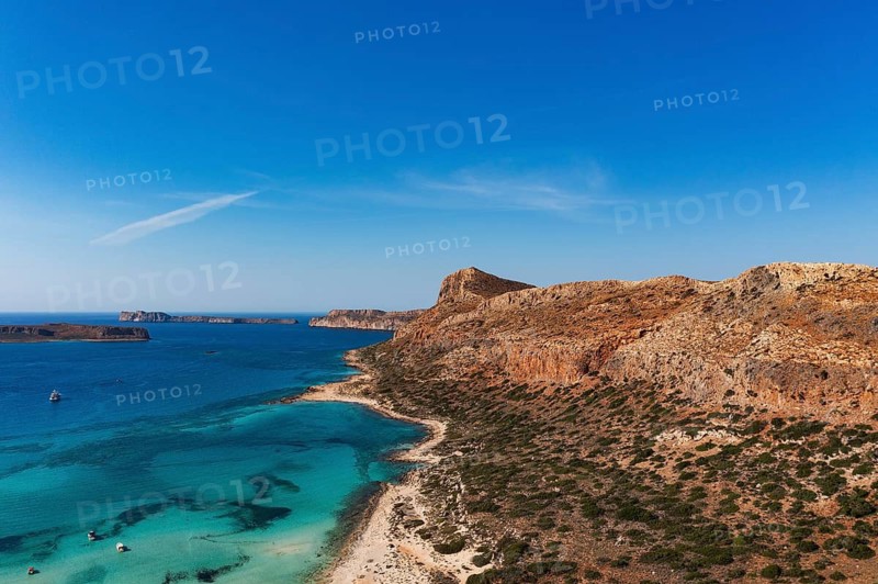 Drone shot, Gramvousa peninsula with view to the beach and bay of Balos, Kolimbari, West Crete, Crete, Greece
