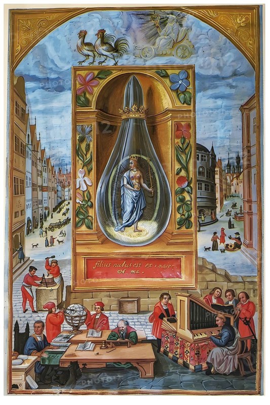 The king in a vial, phases of alchemical work, historical illustration, digitally edited, alchemy, science, philosophy, natural philosophy, experiment, research