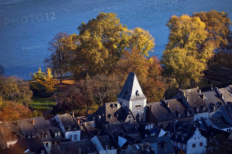 Aerial view of the market tower with houses on the Rhine, Bacharach, UNESCO World Heritage Upper Middle Rhine Valley, Rhineland-Palatinate, Germany