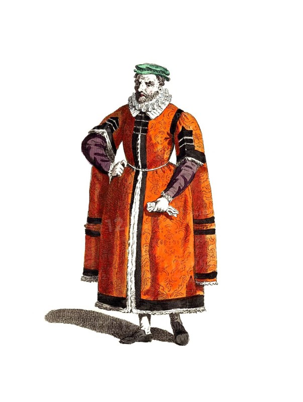 Historical clothing, fashion over time, traditional costume of a wealthy merchant in London in 1588, England, digitally restored reproduction of a model from the 18th/19th century, exact date unknown, man in red robe and green cap