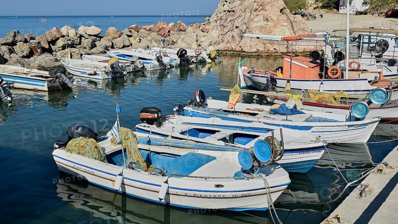 Fishing boats with nets in a small harbour with rocky surroundings, Stegna Beach, Stegna viewpoint, Stegna, east coast, Rhodes, Dodecanese, Greek Islands, Greece
