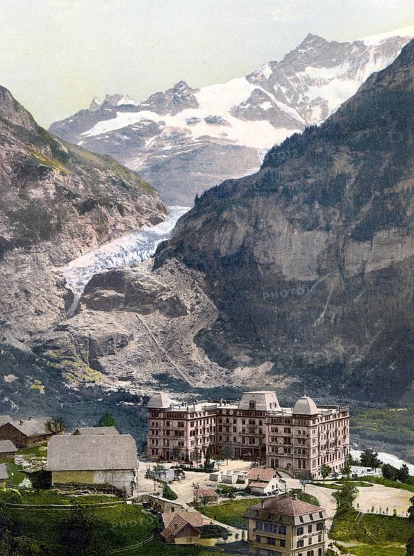 Grindelwald, Bärenhotel und Gletscher, Bernese Oberland, Switzerland, Historic, digitally restored reproduction from a 19th century original, Record date not stated, Bear Hotel and glacier, Bernese Oberland, Switzerland, Historic, digitally restored reproduction from a 19th century original, Record date not stated