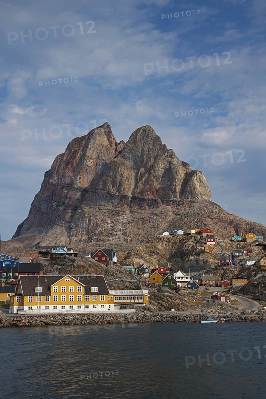 Uummannaq village with colourful houses in front of Heart Mountain, North-Greenland, Greenland