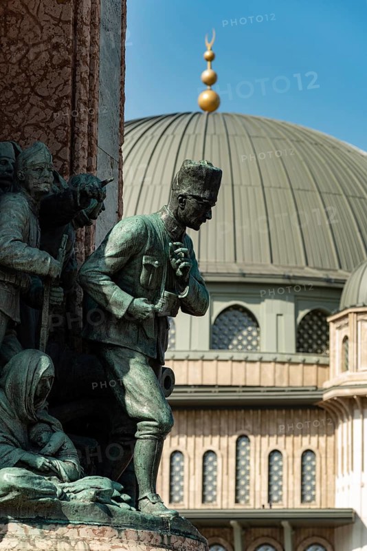 Istanbul, Turkey. September 18th 2021 Mustafa Kemal Ataturk Turkish Republic Monument with the new Taksim Mosque, Istiklal Street, Istanbul, Turkey