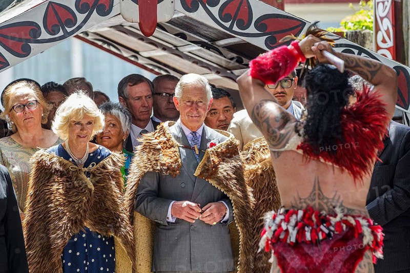 Wearing Maori cloaks, Prince Charles, Prince of Wales and Camilla, Duchess of Cornwall receive a Powhiri Maori ceremonial welcome on their arrival at Turangawaewae Marae, Hamilton, New Zealand