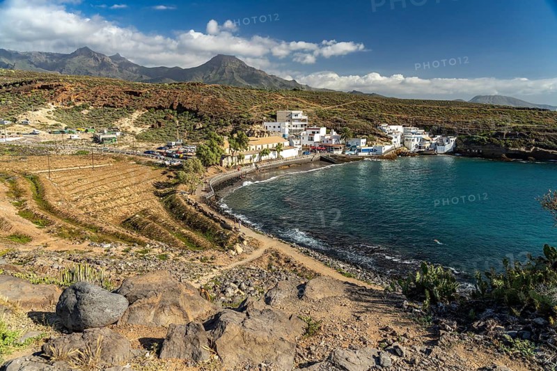 View of the beach and the fishing village of El Puertito, Tenerife, Canary Islands, Spain
