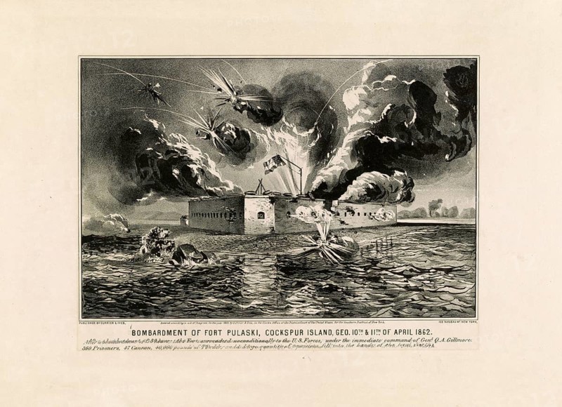 Bombardment of Fort Pulaski, Cockspur Island, Geo, 10th & 11th of April 1862, during the American Civil War. For the first time, the Union troops used successfully pulled heavy guns, rifled cannons, which made brick fortresses such as these militarily obsolete. The fort defended by Confederate troops surrendered after two days of heavy shelling on April 11, 1862 to General Quincy A. Gillmore, authentic, digitally restored reproduction in high resolution from a 19th-century model, exact date of presentation unknown, American history, historical