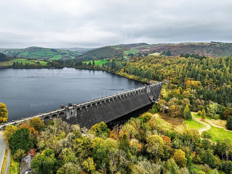 Llyn Brianne Dam and Reservoir from a drone, Lake Vyrnwy, Powys, Wales, England, United Kingdom