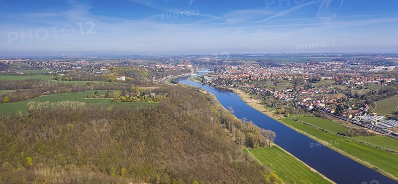 Aerial view of the Elbe in the Saxon Elbland south of Meißen with city view, Meißen, Saxony, Germany