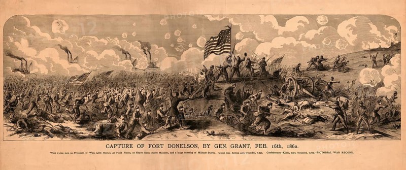 The capture of Fort Donelson in Tennessee on February 16, 1862, under the orders of General Ulysses S. Grant. It shows a fierce infantry and artillery attack by Union soldiers flying an American flag on a hill, while gunboat-like ships on the river can be seen in the background, authentic, digitally restored reproduction in high resolution from a 19th century original, exact date of depiction unknown, American history, historical