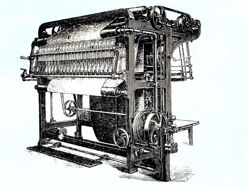 Finishing machine, Gassengmaschine, coloured wood engraving, reproduction of a model from ca 1888, historical, antique textile machine with structured rollers and cogwheels, in black and white