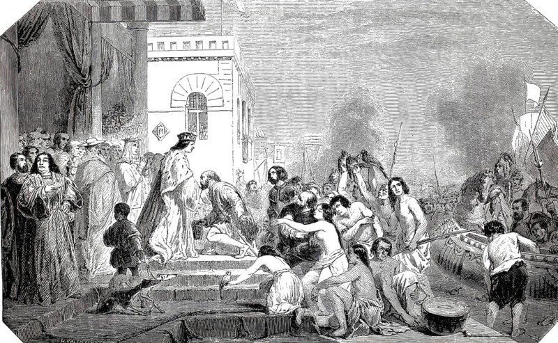 Historical account of Christopher Columbus' return after his first trip to the New World when he arrived in Barcelona in 1493. The scene shows Columbus presenting gifts to the Spanish monarchs, presumably King Ferdinand II and Queen Isabella I, illustration, reproduction from a 19th-century model. Authentic, file restored for optimal use, exact date of submission unknown, historical, historical depiction of a large assembly in front of a building with classical architecture