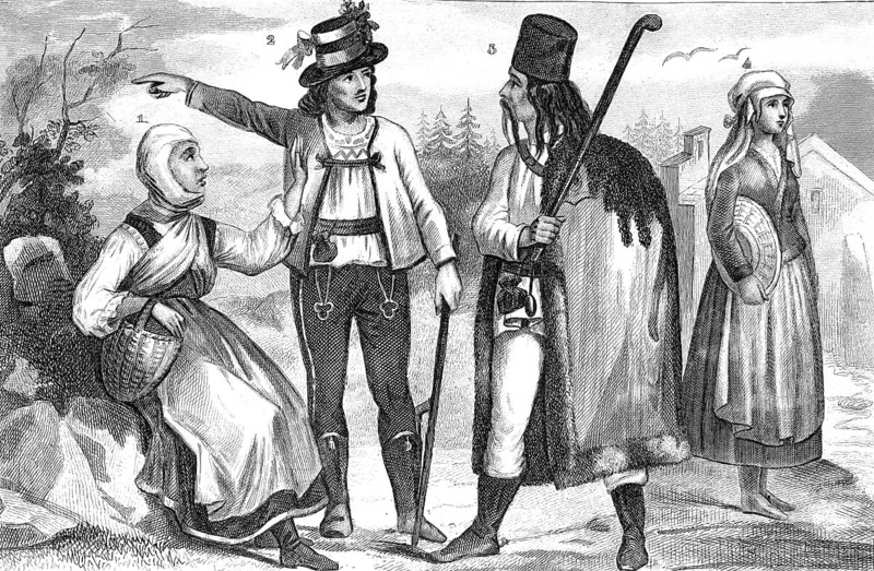 Traditional clothing styles and culture from the 19th century. Slavic farmers from Nitra county and Hungarian men and woman, illustration, reproduction from a model from the 19th authentic, file restored for optimal use, exact date of submission unknown, historical