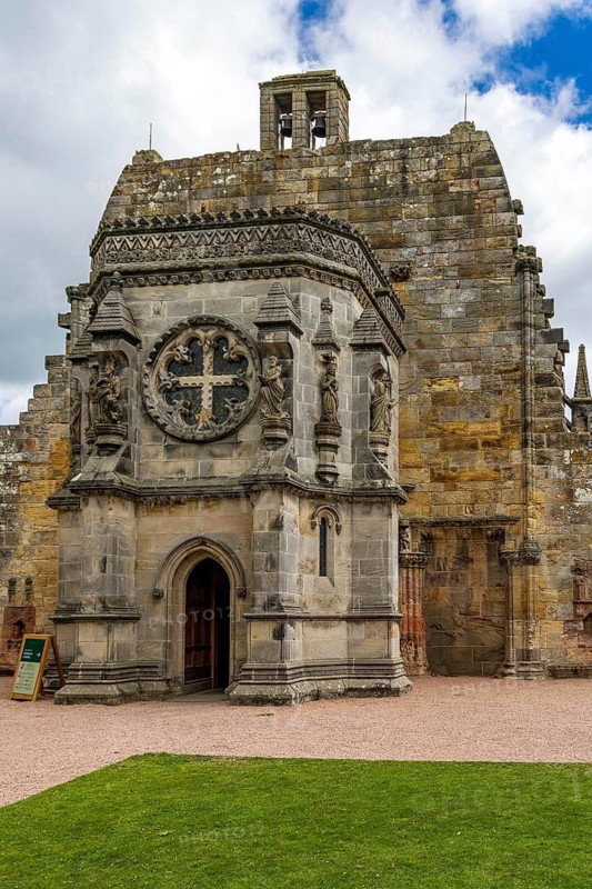 Used as a film set for The Da Vinci Code, the octagonal porch and bell tower of the 15th century Rosslyn Chapel in Roslin, Midlothian, Scotland, United Kingdom