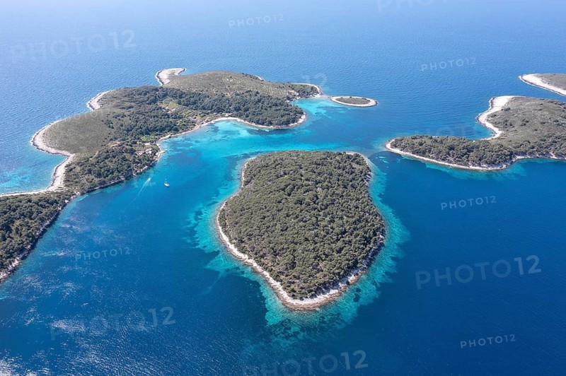 Aerial view, Pakleni or Paklinski Islands off the island of Hvar, Dalmatia, Croatia
