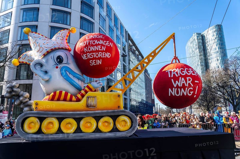 Rose Monday parade in Düsseldorf, themed float by float builder Jacques Tilly, trigger warning for harsher satire on the carnival floats, North Rhine-Westphalia, Germany