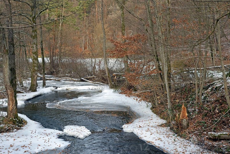 Winter landscape, partially frozen stream, Arnsberg Forest nature park Park, North Rhine-Westphalia, Germany