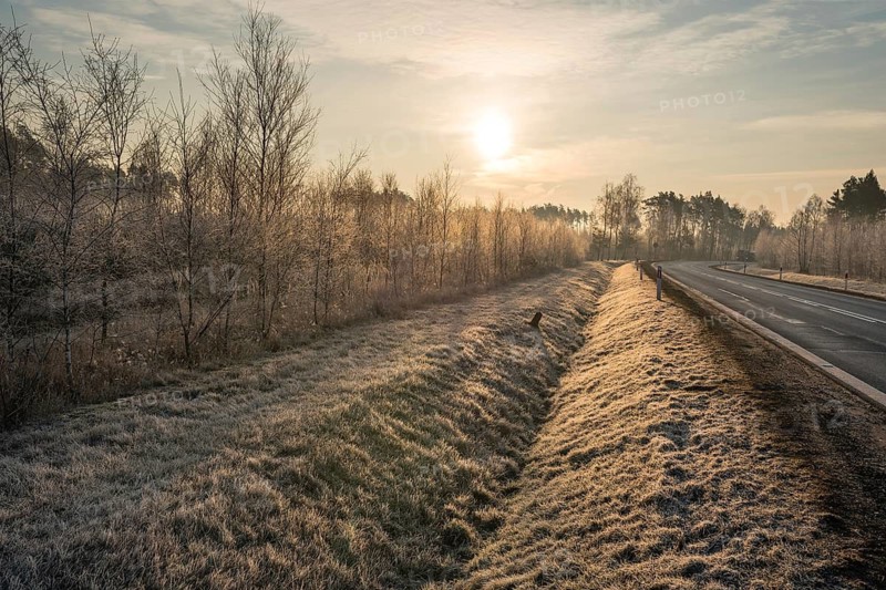 Road and roadside with a ditch during a frosty morning