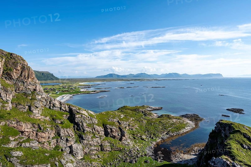 View of coastal landscape and sea, hike to the summit of Måtind, Andøya Island, Vesterålen, Nordland Norway