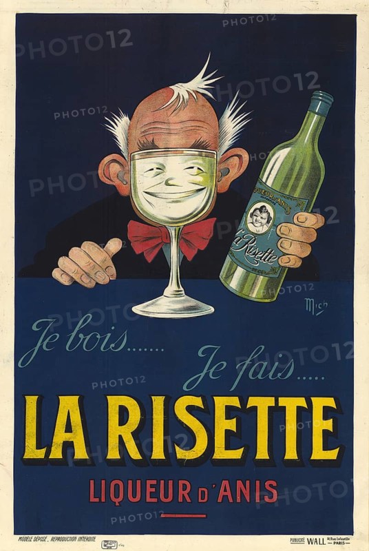 Advertising poster, beverage advertisement, advertising poster from 1926 for La Risette Liqueur d'Anis, anise liqueur, designed by artist Jean-Marie Michel Liebeaux. The poster shows a man whose face is distorted by a large glass of liquor while holding a bottle of the brand, authentic reproduction of a historical advertising poster, advertising sign, in high resolution