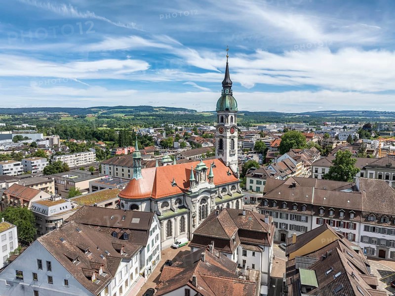 Aerial view, townscape, town centre, old town of Frauenfeld, with the town church of St. Nicholas, neo-baroque sacral architecture, Canton of Thurgau, Switzerland
