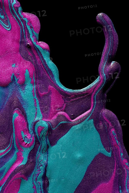 A vibrant and colorful abstract image showcasing swirls of metallic purple and teal paint against a stark black backdrop, radiating artistic and modern aesthetics