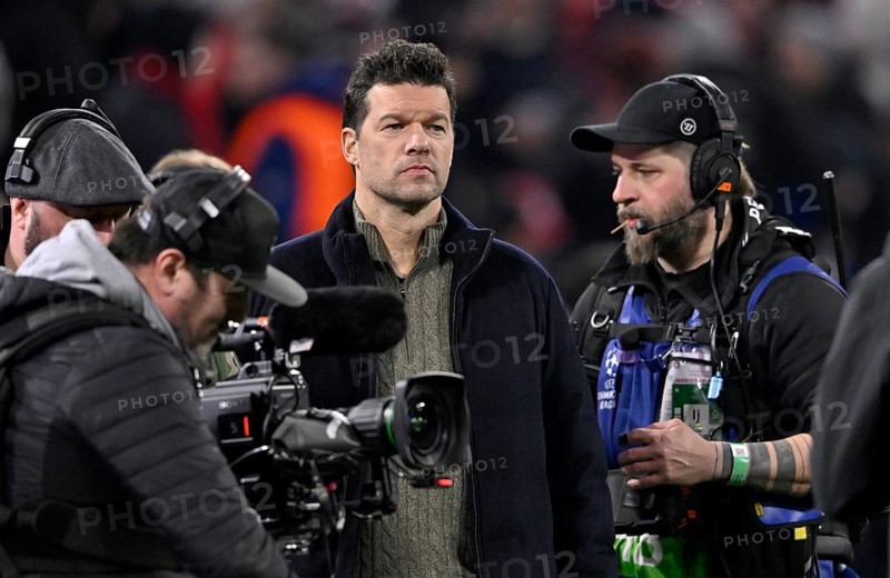 DAZN TV pundit Michael Ballack surrounded by TV cameras, UEFA Champions League Allianz Arena, Munich, Bavaria, Germany