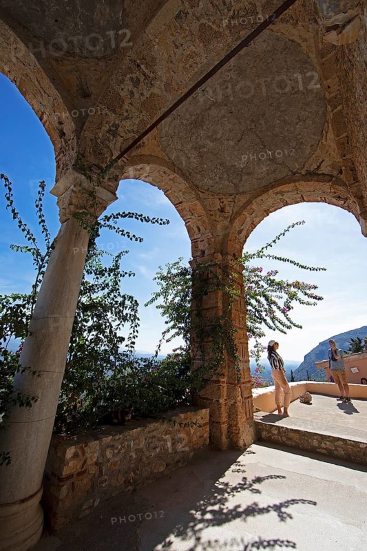 Arcades in the Pantanassa nunnery, Byzantine ruined city of Mystras or Mistra on the Taygetos Mountains, UNESCO World Heritage Site, Laconia, Peloponnese, Greece