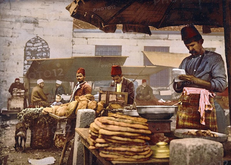 Cookshops and bakers in the Rue de Stamboul, Istanbul, Constantinople, Turkey, View from 1885, Historical, digitally restored reproduction from a 19th century original, Record date not stated