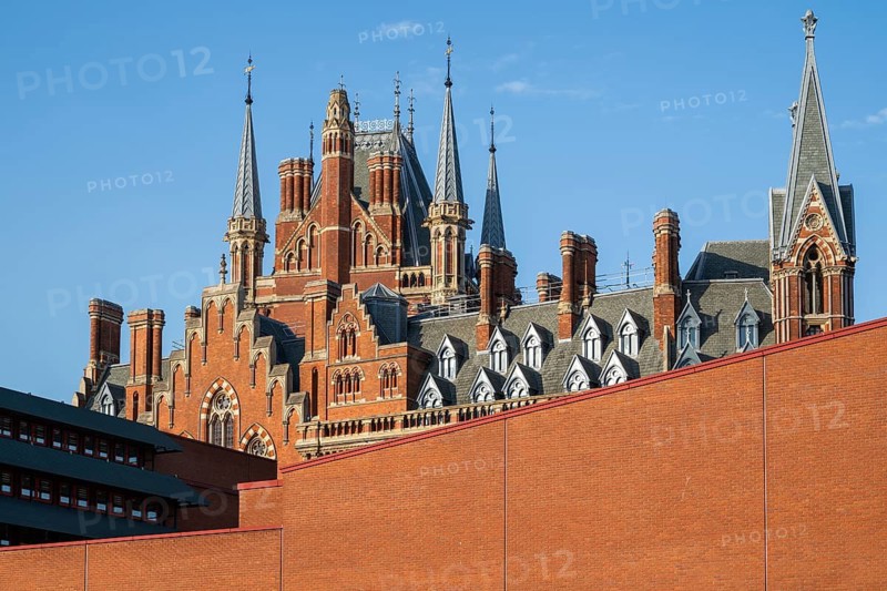 British Library or British Library, one of the most important research and universal libraries in the world, Euston Road, St. Pancras, Borough of Camden, towers of St. Pancras railway station in the background, London, England, Great Britain, Great Britain
