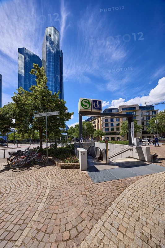 Deutsche Bank Tower and Taunusanlage underground station in Frankfurt am Main, district-free city, Hesse, Germany