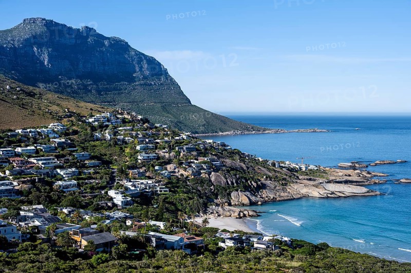 Sea Point, homes and mountains along a picturesque coastal bay with blue water, Eastern Cape, Cape Town, South Africa