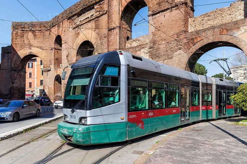 Fiat Cityway tram at Porta Maggiore Tram Public transport in Rome, Italy