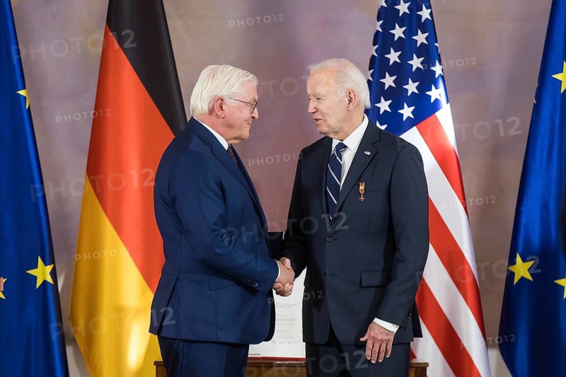 Joe Biden (46th President of the United States) receives the special grade of the Grand Cross from Frank-Walter Steinmeier (President of the Federal Republic of Germany) at Bellevue Palace, Berlin, 18 October 2024