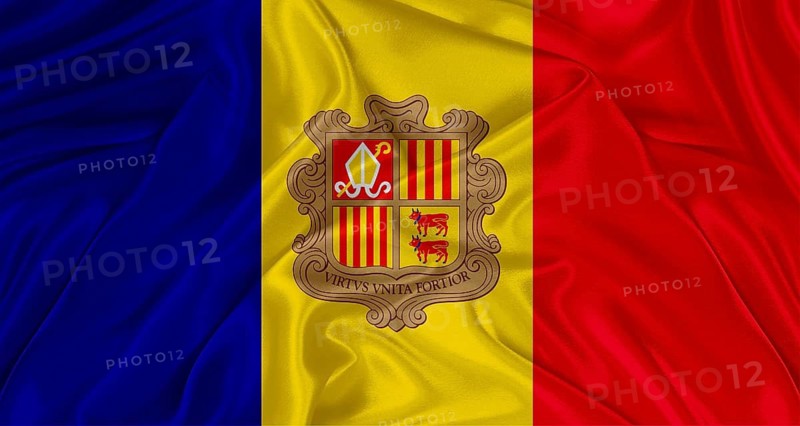 Realistic Andorra flag waving. Close up of flag of Andorra with cloth texture