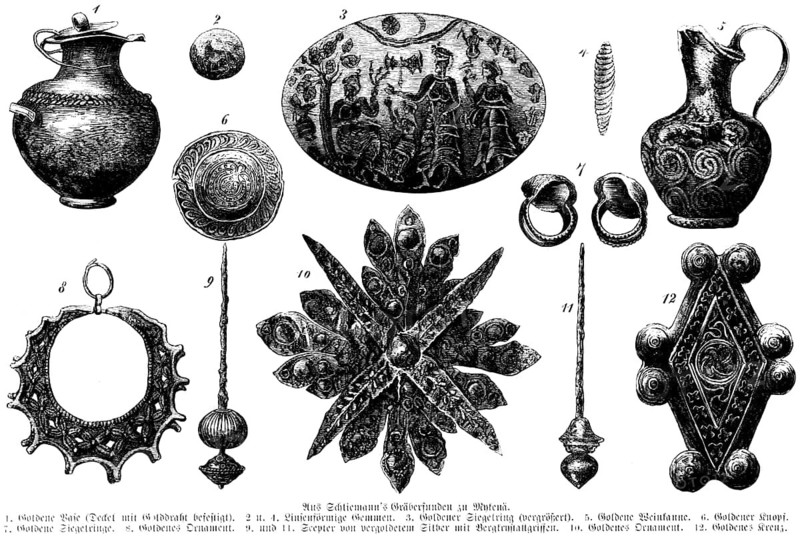 Parts of Heinrich Schliemann's grave finds in Mycenae or Mycenae, vases, precious stones or gems, golden signet ring, wine jug, golden button, sceptre or sceptre as a coronation insignia, golden cross, history of mankind, Greece, historical illustration 1880