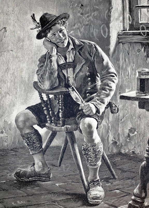 Young man in leather pants, noisy leather, and traditional costume, 1890, Tyrol, Austria, illustration, reproduction from a model from the 19th century. Authentic, file restored for optimal use, exact date of submission unknown, Historical, A man in costume sitting on a chair holding a beer mug