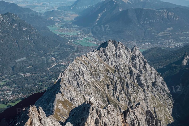 View from the Zugspitze to Garmisch-Partenkirchen, Wetterstein range, Upper Bavaria, Bavaria, Germany