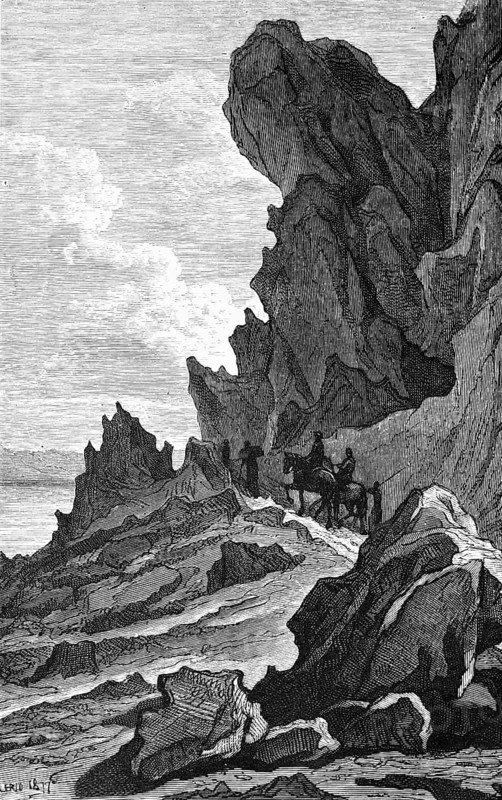 Mountain landscape with pass above Lake Skutari or Lake Shkodra, narrow path, rocks, two riders, geography, Montenegro, historical illustration 1888