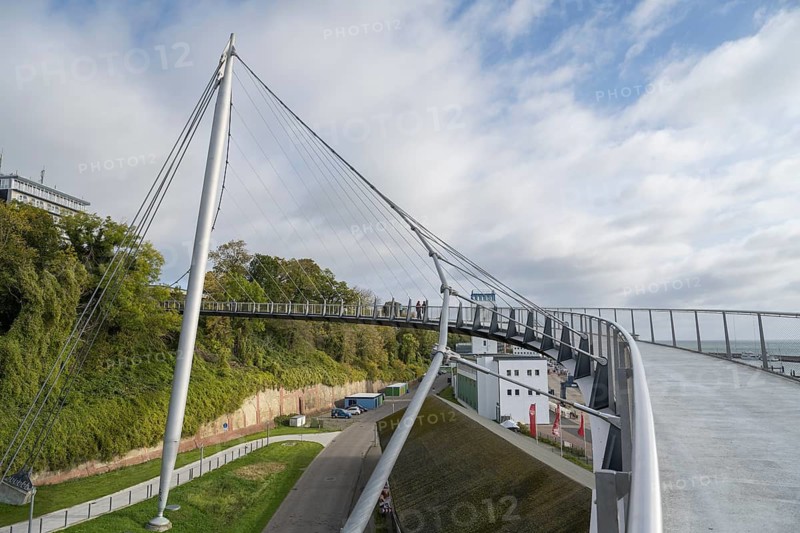 Footbridge to city harbor, rope bridge, suspension bridge, blue sky and clouds, Sassnitz, Rügen, island, Baltic Sea, Mecklenburg-Western Pomerania, Germany