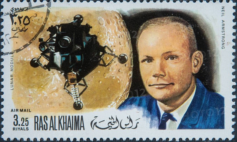 Neil Armstrong (1930–2012) was an American test pilot and astronaut. He participated in the Gemini 8 and Apollo 11 missions and is best known for being the first human to set foot on the Moon. Portrait on an UAR postage stamp