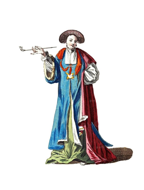 Historical clothing, fashion over time, robe of a lady in Chinese Tatarei, 1700, China, digitally restored reproduction of a model from the 18th/19th century, exact date unknown, woman in traditional dress with pipe and long cloak