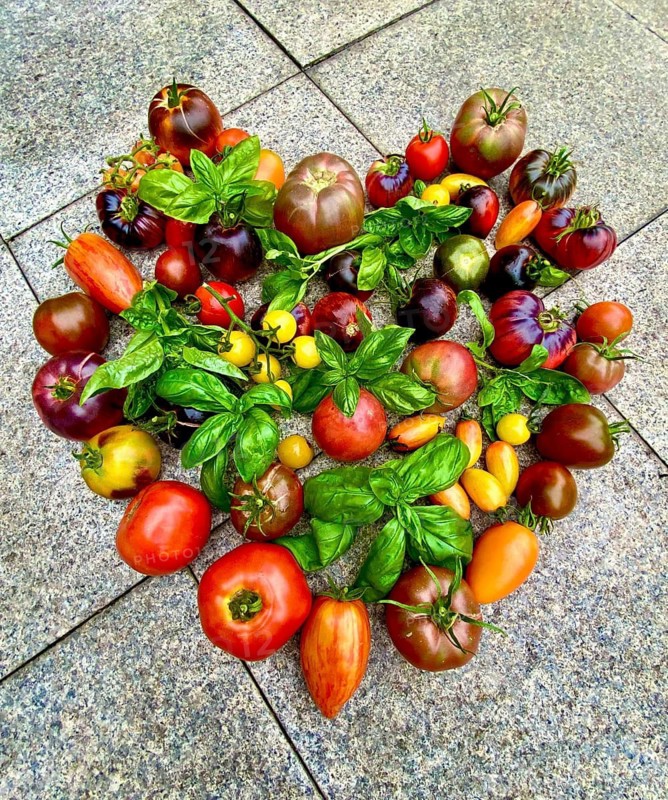 Tomatoes laid into a heart, decorated with basil