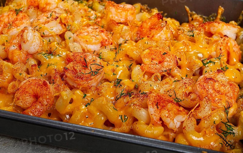 Pasta with shrimp and cheese, with a golden crust, cooked in a baking dish, homemade, no people