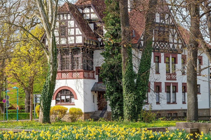 Easter bells in front of historic half-timbered house Bahnhofstraße Stadthagen Germany