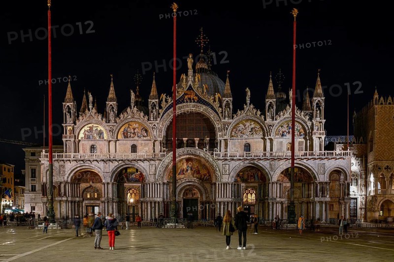 St. Mark's Square in front of St. Mark's Cathedral at night, Venice, San Marco district, Veneto Region, Italy