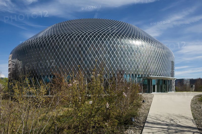 Novartis Pavilion, architecture firm AMDL CIRCLE and architect Michele De Lucchi, Novartis Campus, timber construction, façade with photovoltaics, Basel, Canton of Basel-Stadt, Switzerland