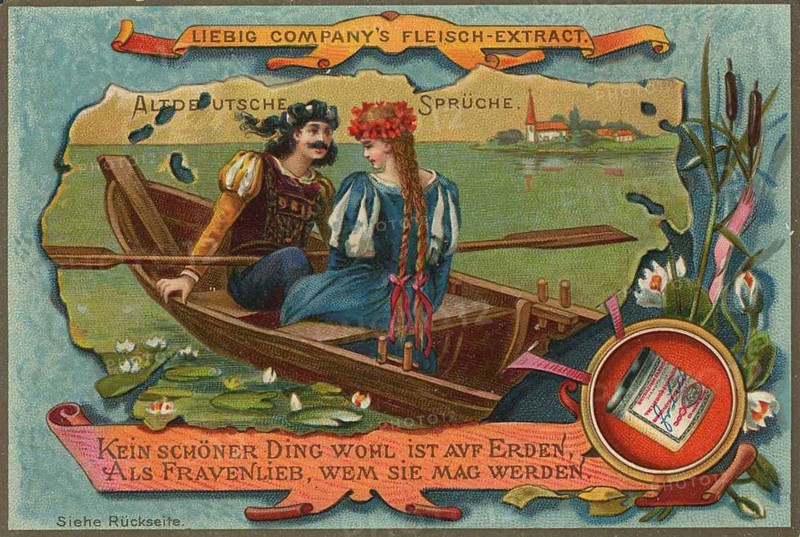 Picture series Altdeutsche Sprüche, kein schöner Ding wohl ist auf Erden, Liebig picture, digitally restored reproduction of a collector's picture from around 1900, public domain, exact date unknown, A couple in a boat on a lake, surrounded by rural nature