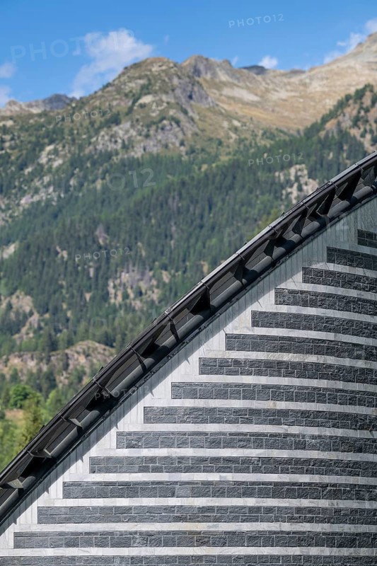 Detailed sloping roof, Roman Catholic church of San Giovanni Battista, built in the same place as the village church destroyed by avalanche in 1986, architect Mario Botta, Mogno, Maggia Valley, Valle Maggia, municipality of Lavizzara, Canton of Tessin, Switzerland