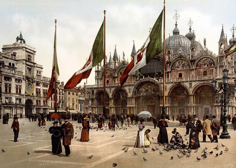 St. Mark's Church and the clock, Venice, Italy, Historic, digitally restored reproduction from a 19th century original, Record date not stated, St. Mark's Church and the clock, Venice, Italy, Historic, digitally restored reproduction from a 19th century original, Record date not stated